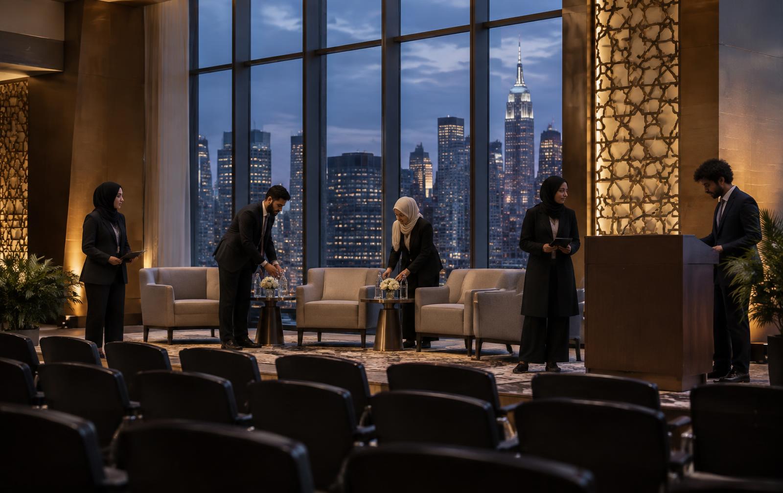 Student leaders preparing a professional conference stage overlooking New York City